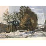 A framed watercolour depicting winter landscape vi