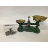 Set of vintage kitchen scales and brass weights