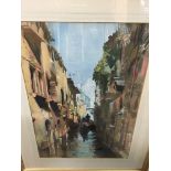 A framed watercolour Venice scene canal and boatma