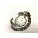 An Omega silver pocket watch on a silver chain.