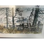 A framed watercolour depicting winter landscape vi