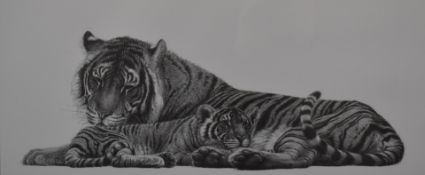 Gary Hodges (b1954) signed print Bengal Tigress and Cub, 29 x 59cm