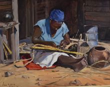 Lucy Mary Wiles (South African, 1920-2008) oil on canvas African woman weaving, signed and also