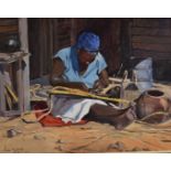 Lucy Mary Wiles (South African, 1920-2008) oil on canvas African woman weaving, signed and also