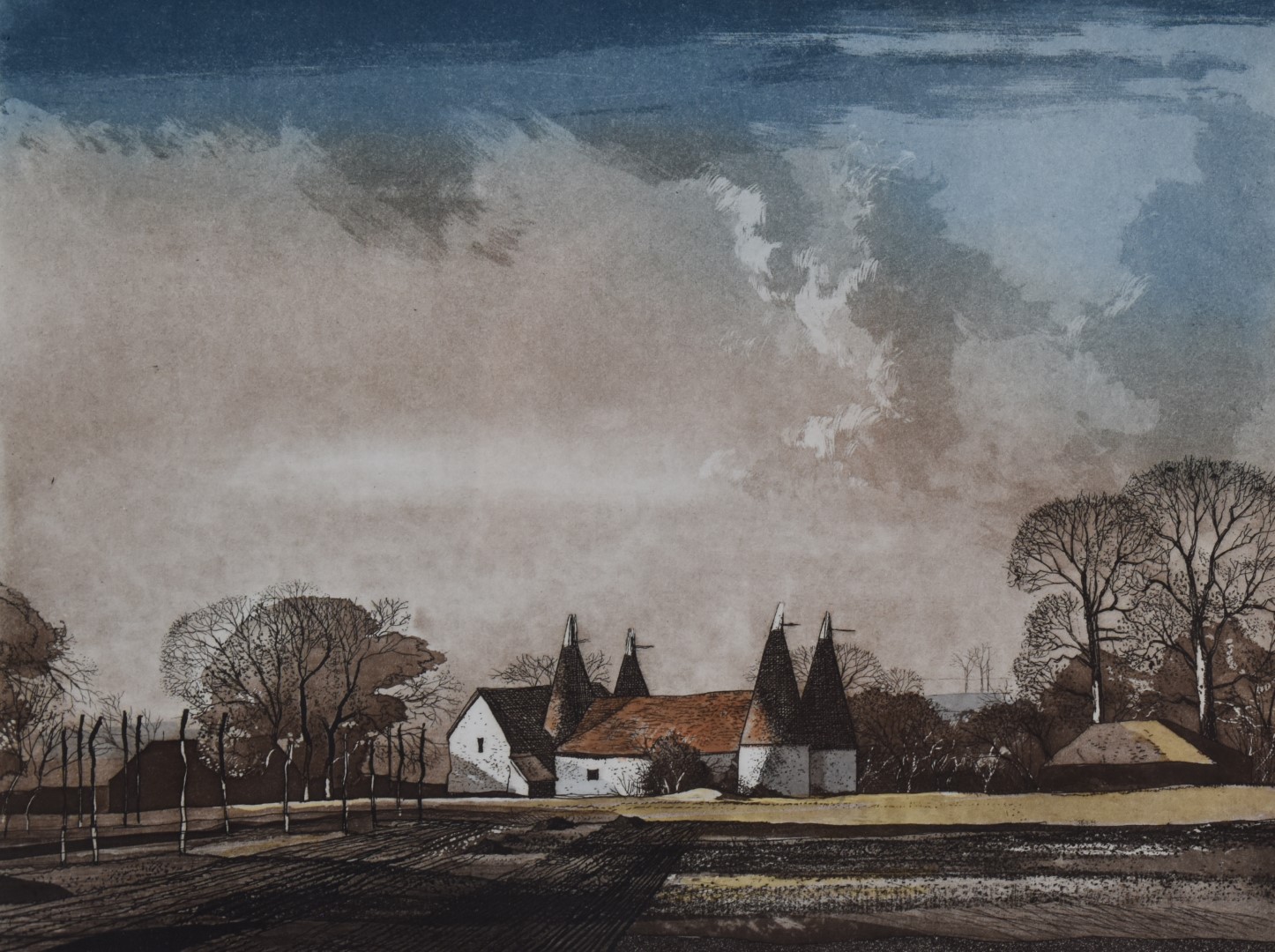 Rowland Hilder signed limited edition (108/175) print of oast houses, 27.5 x 34.5cm, in gilt frame