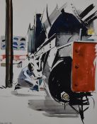 Edna Lumb (1931-1992) watercolour steam locomotive being worked on with headboards on the wall