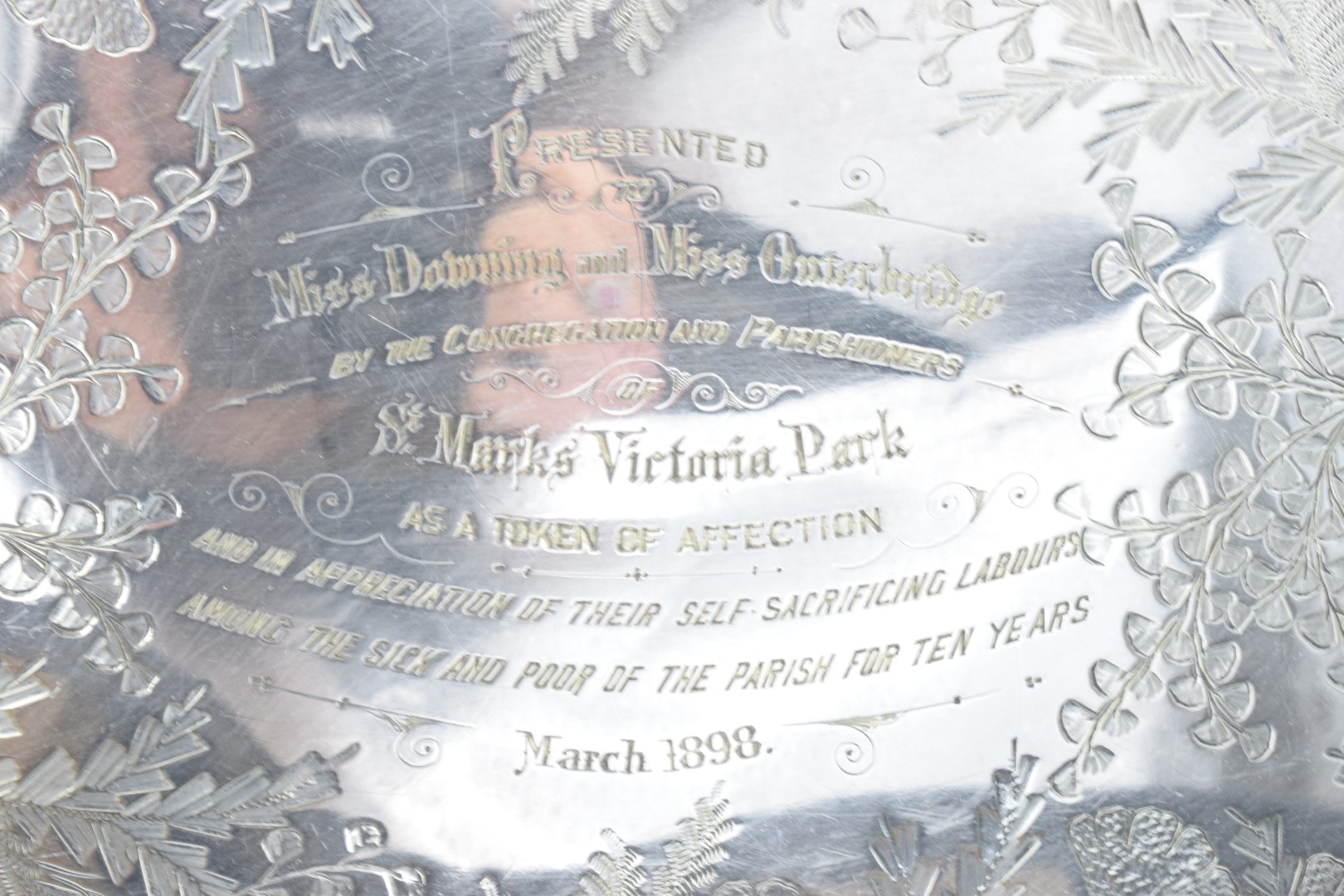 Suffragette interest - a silver plated twin handled tray with inscription 'Presented to Miss Downing - Image 6 of 8