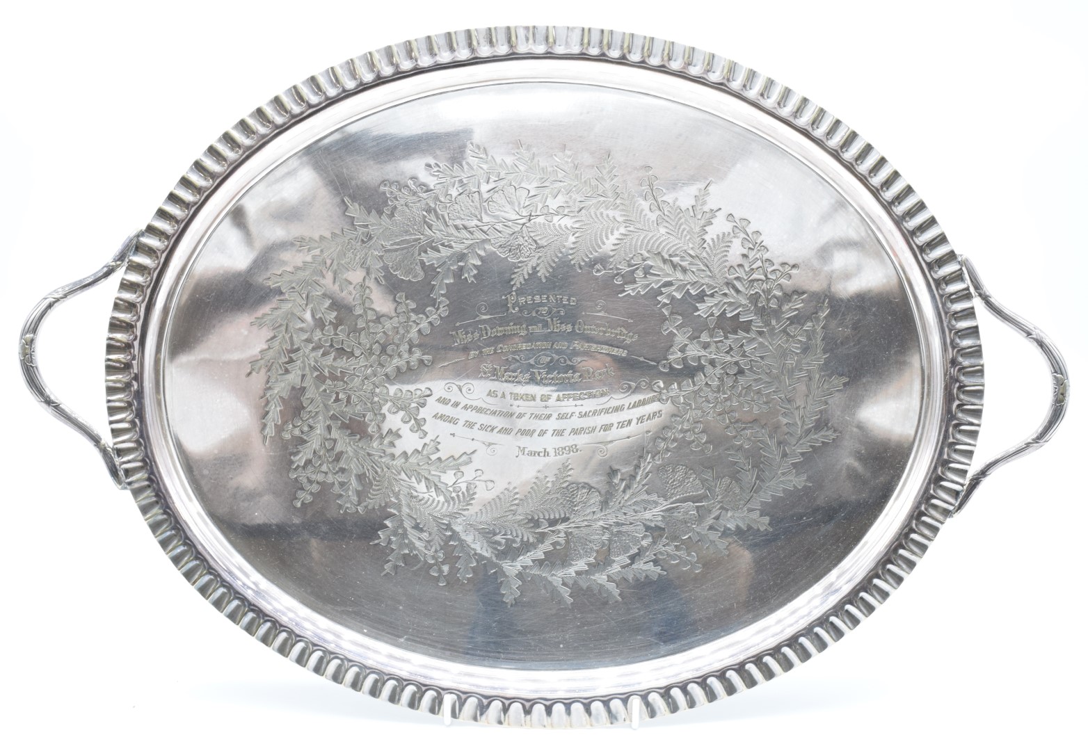 Suffragette interest - a silver plated twin handled tray with inscription 'Presented to Miss Downing - Image 4 of 8