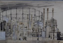 Edna Lumb (1931-1992) ink and gouache study 'Gas Works, Leeds, Meadow Lane', with labels verso