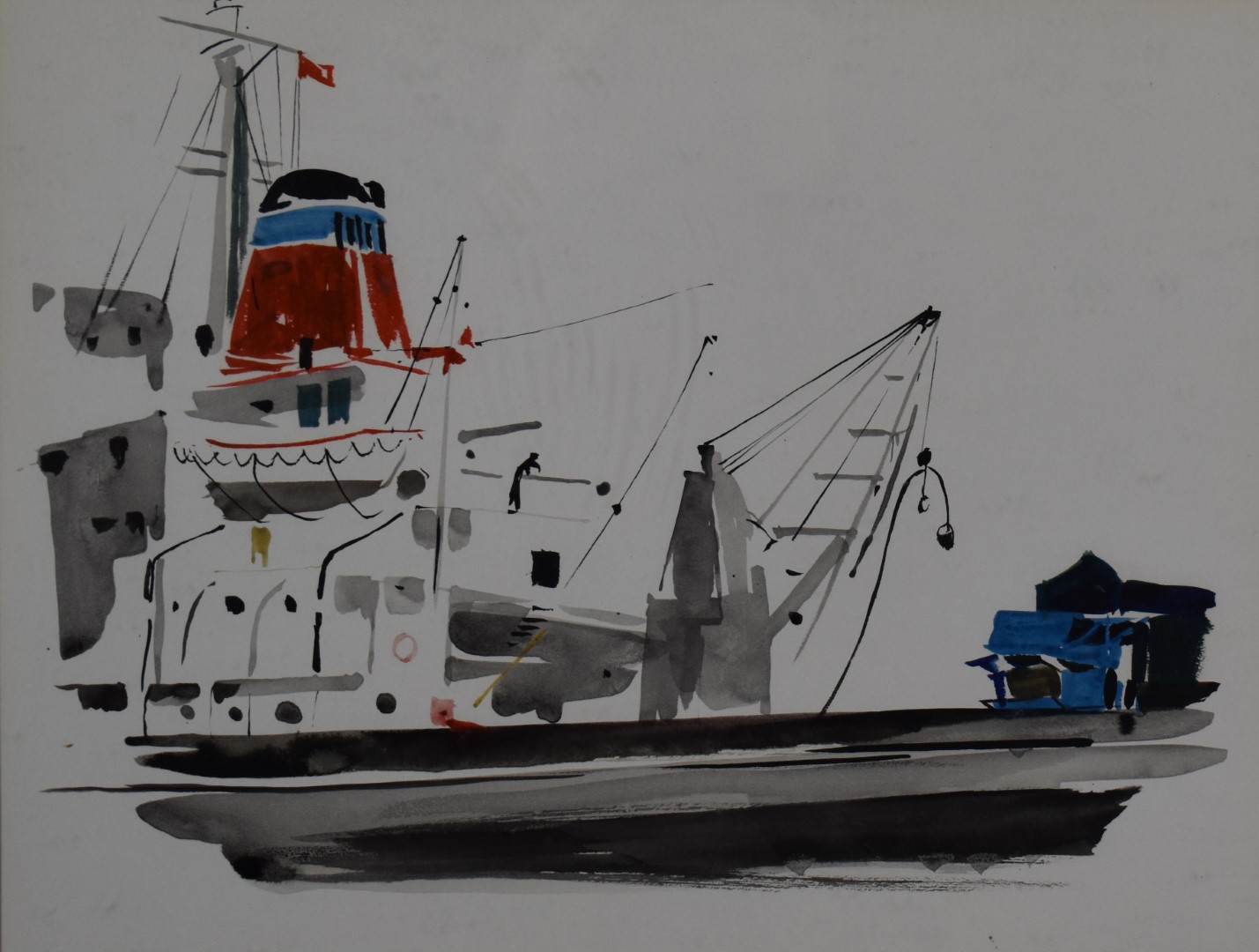 Edna Lumb (1931-1992) watercolour ship alongside the dock, signed and dated 1975 lower left, 36 x