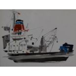 Edna Lumb (1931-1992) watercolour ship alongside the dock, signed and dated 1975 lower left, 36 x