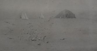 Rowland Langmaid etching of Ailsa Craig in the Firth of Forth, with sailing boats and sea birds,