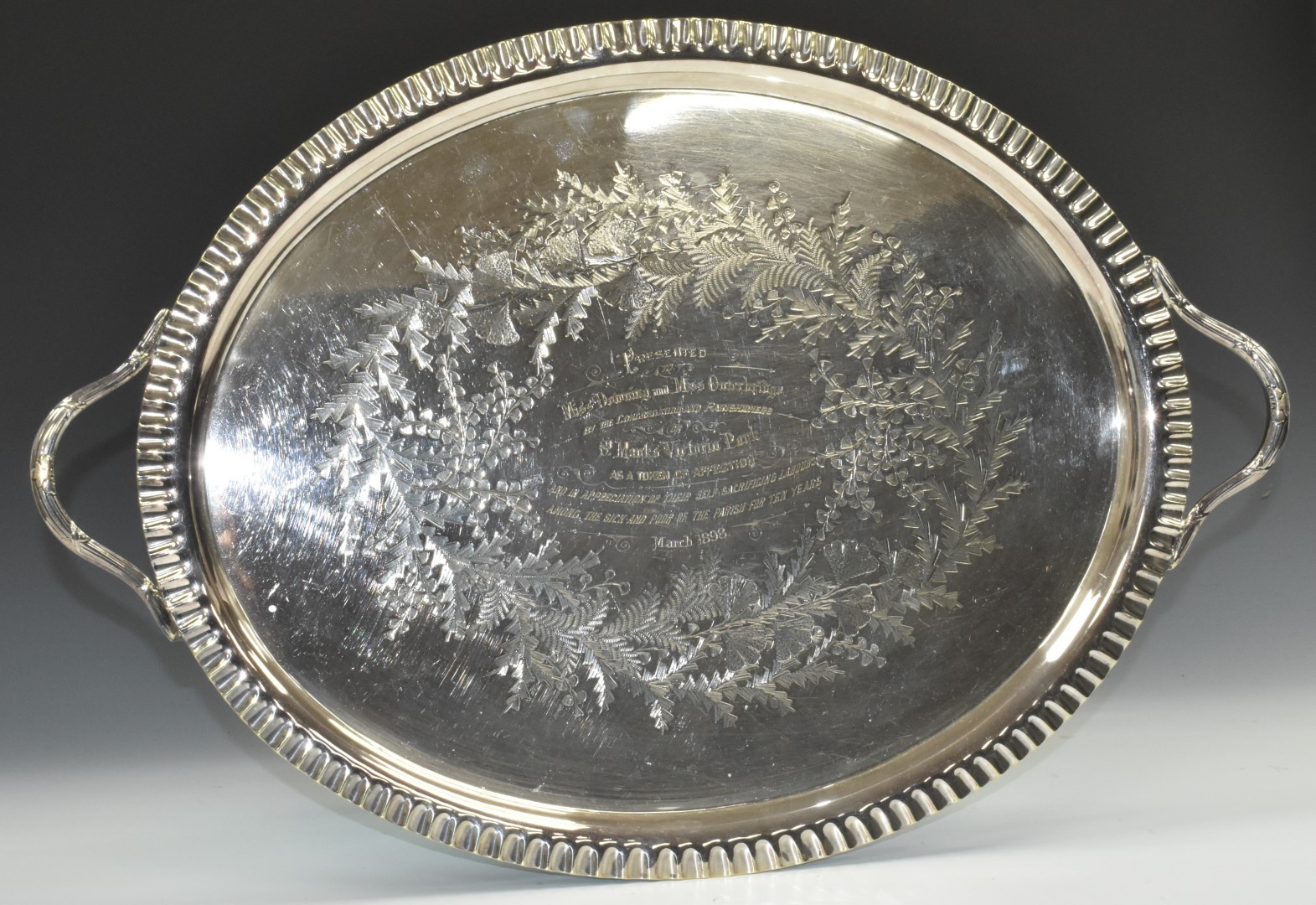 Suffragette interest - a silver plated twin handled tray with inscription 'Presented to Miss Downing - Image 3 of 8