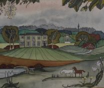Arts and Crafts style watercolour of country house in grounds including lady with parasol on an