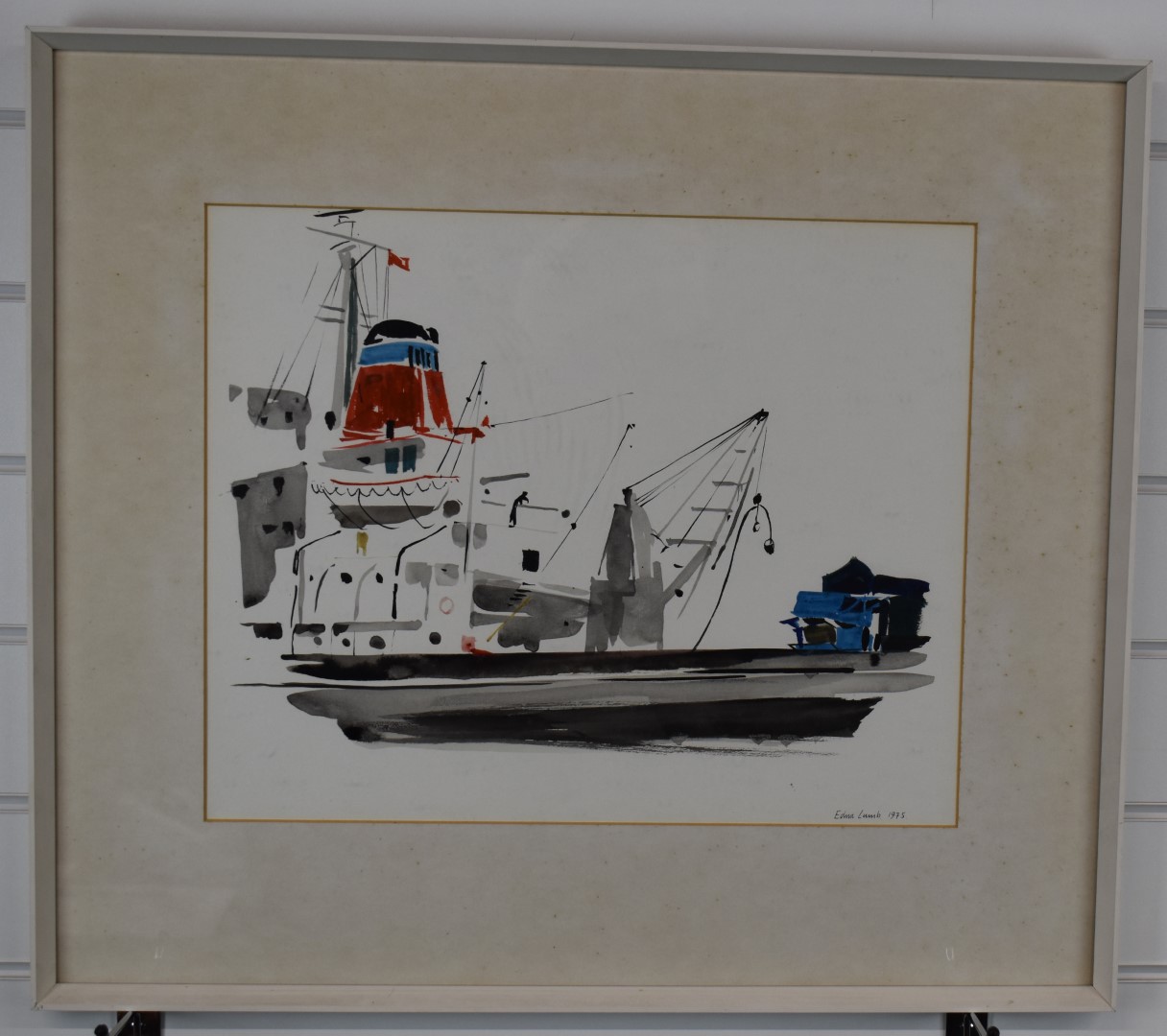 Edna Lumb (1931-1992) watercolour ship alongside the dock, signed and dated 1975 lower left, 36 x - Image 2 of 4