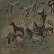 Edward Payne (1906-1991) watercolour figure with bridle among horses, label verso 'Dr David