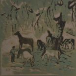 Edward Payne (1906-1991) watercolour figure with bridle among horses, label verso 'Dr David