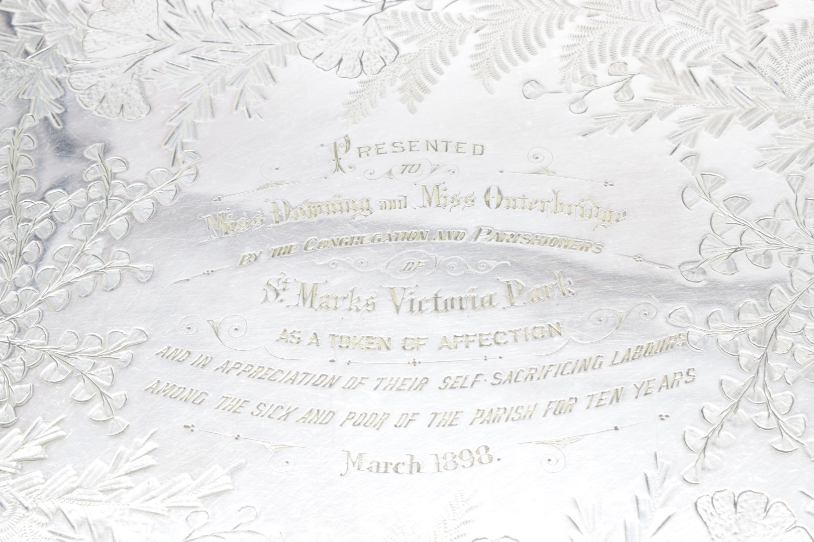 Suffragette interest - a silver plated twin handled tray with inscription 'Presented to Miss Downing - Image 8 of 8