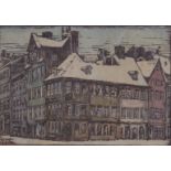 Axel Olsen signed lino cut Swedish street scene, 11 x 15cm