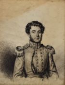 Georgian charcoal study of a military gentleman with epaulettes, signed and dated Emma Jones 1829