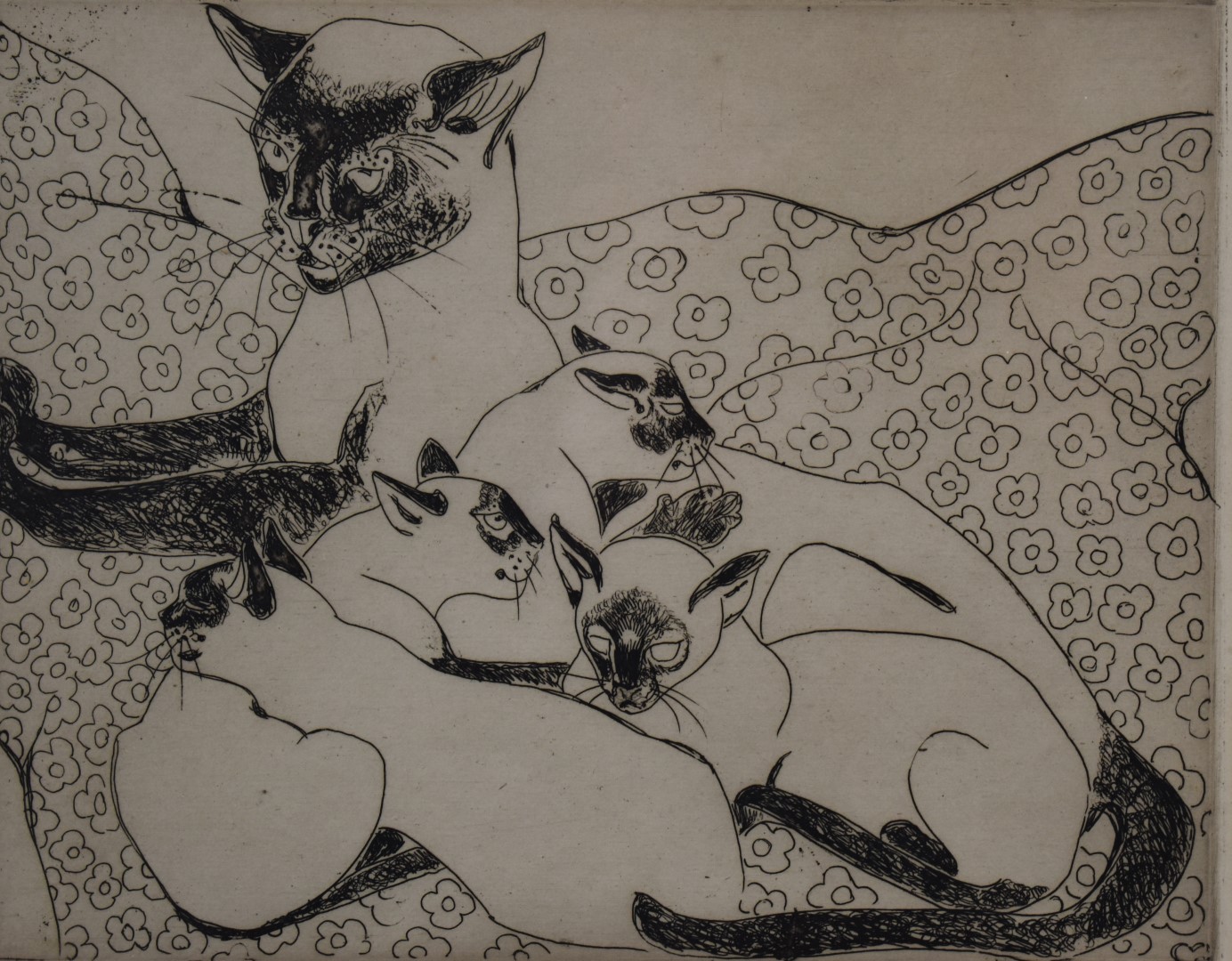 Orovida Camille Pissarro signed etching 'Siamese Cat & Kittens', dated 1946 lower right 20 x 25cm