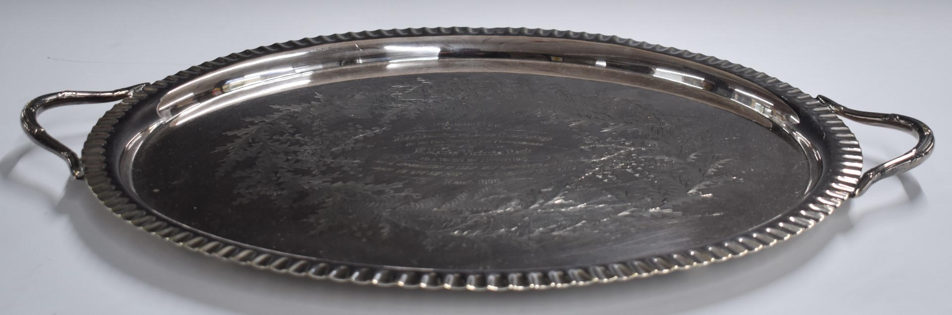 Suffragette interest - a silver plated twin handled tray with inscription 'Presented to Miss Downing - Image 7 of 8