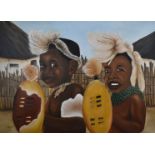 Large African tribal acrylic on canvas two people in traditional headdress holding shields, signed