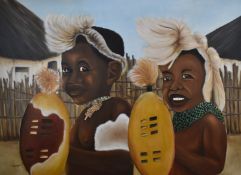 Large African tribal acrylic on canvas two people in traditional headdress holding shields, signed