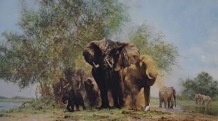 David Shepherd signed limited edition(405/1300) Elephants and Egrets, 51 x 82cm, in gilt frame