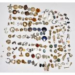 A collection of vintage earrings including diamanté, marcasite, mother of pearl, etc