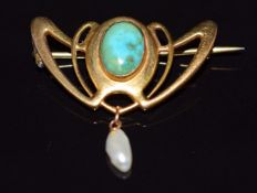 Art Nouveau 9ct gold brooch set with a turquoise cabochon and drop pearl by BH Joseph, 3cm long