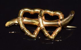 Victorian 9ct gold brooch in the form of two hearts in bamboo effect, in original box, 2.3g, 4cm