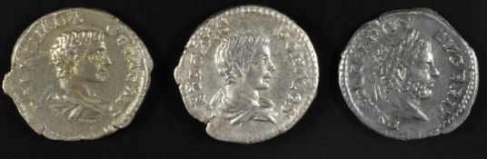 Roman Imperial coinage The Severan Dynasty AD193-235 Geta three silver Denarius, various reverses