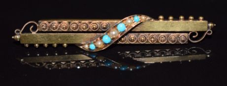 Edwardian 15ct gold brooch set with turquoise and seed pearls, Chester 1900, 3g, 4.8cm