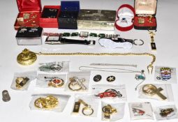 A quantity of costume watches and jewellery, silver thimble, cigarette case etc