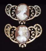 A pair of Victorian buckles set with paste and cameos depicting young women, 5 x 3cm