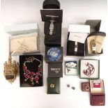 A collection of jewellery and watches including Emporio Armani watches, vintage brooches, 9ct gold