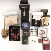 A collection of jewellery and watches including Emporio Armani watches, vintage brooches, 9ct gold