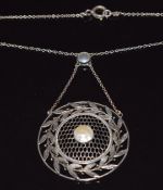 Arts & Crafts silver necklace with lattice and foliate decoration set with two mother of pearl