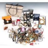 A collection of costume jewellery including Stuhrling and Oris watches, bangles, beads, mother of