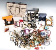 A collection of costume jewellery including Stuhrling and Oris watches, bangles, beads, mother of