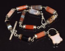 Victorian silver fob chain / Albert set with sections of agate, with padlock to one end set with