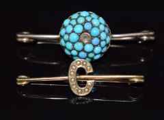 Victorian brooch set with turquoise and a Victorian brooch set with seed pearls in a 'C' shape, 4.