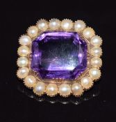 Victorian brooch set with an emerald cut amethyst surrounded by split pearls, 9.1g, 2.5 x 2.2cm