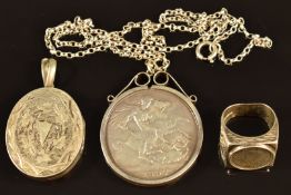 Victorian silver locket, mounted silver crown and a silver ring
