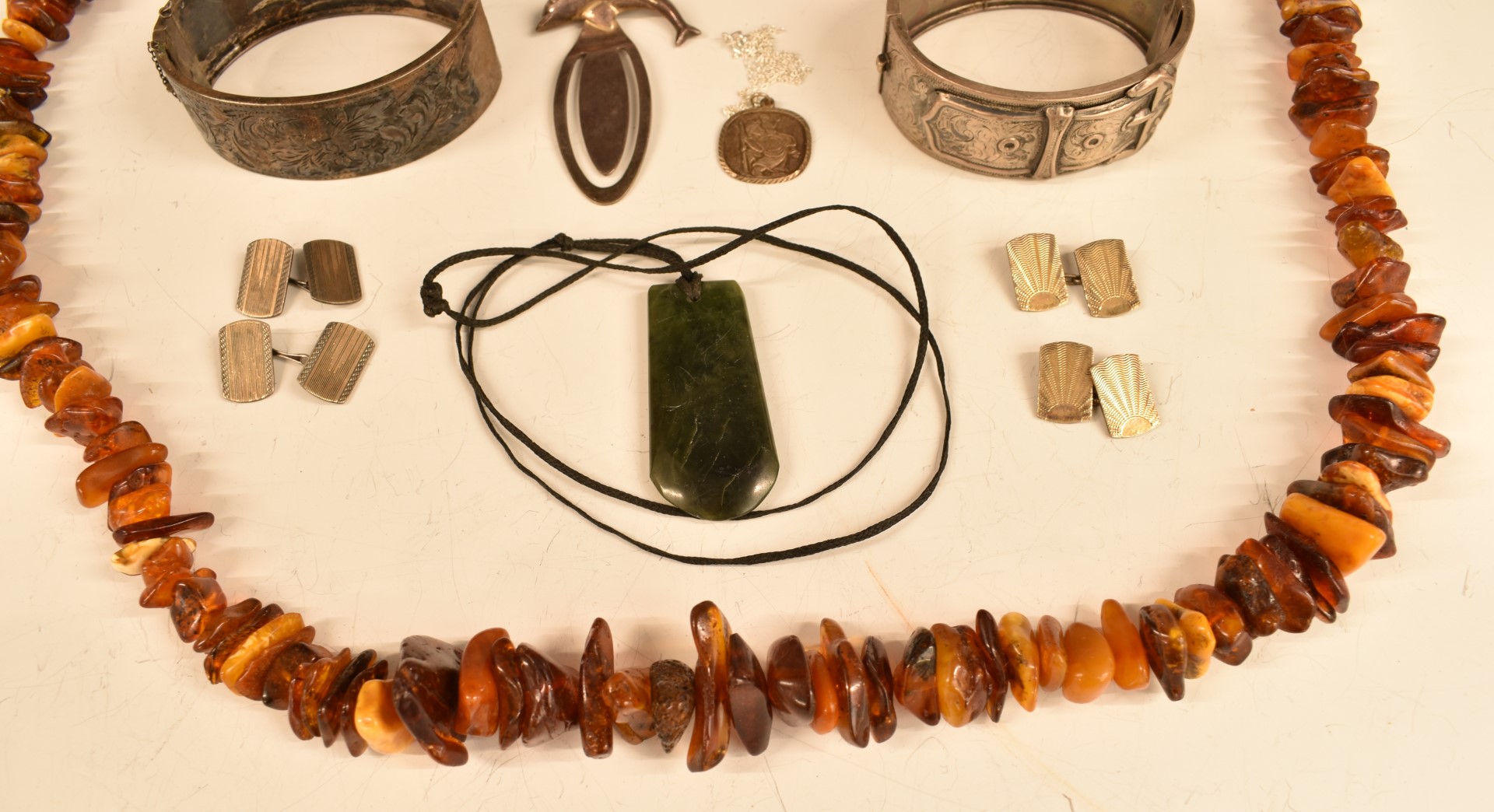 A group of silver items including two bangles, bookmarks and cufflinks, a nephrite jade pendant - Image 4 of 4