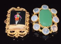 Two Victorian pinchbeck buckles, one set with chalcedony the other a painted porcelain plaque, 5 x