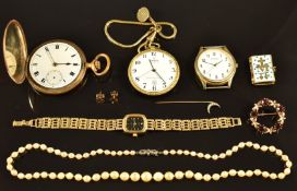 A collection of jewellery including pocket watch, 9ct gold brooch etc