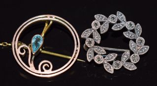 Edwardian 9ct gold brooch by WBS (3g) and a silver brooch set with marcasite