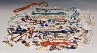 A collection of beaded necklaces and vintage earrings including Coro, Art Deco beads, diamanté